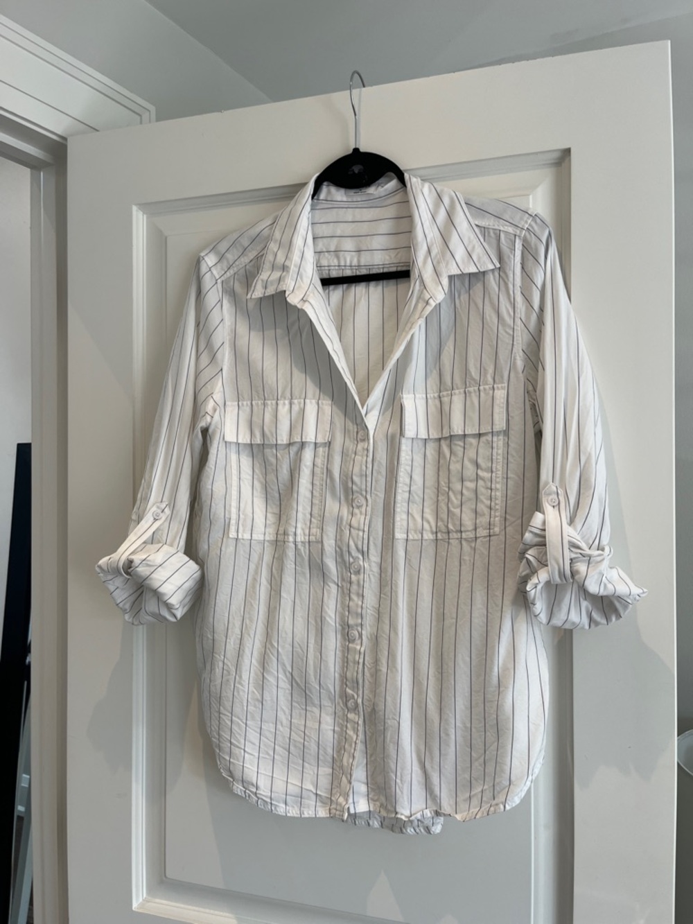 Babaton White Pinstripe Button-Up Blouse
